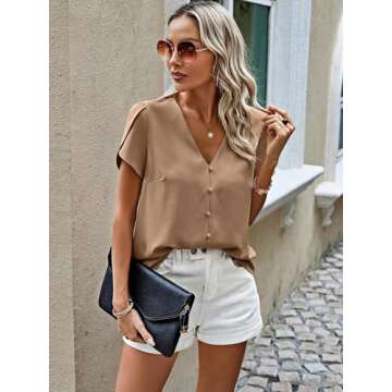 PRETTYGARDEN Chiffon Blouses for Women 2025 Spring Short Sleeve Pearl Office Shirt Dressy Casual Business Tops (Dark Khaki,L)