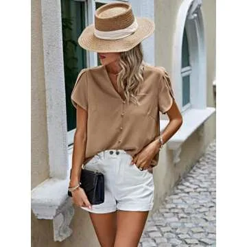 PRETTYGARDEN Chiffon Blouses for Women 2025 Spring Short Sleeve Pearl Office Shirt Dressy Casual Business Tops (Dark Khaki,L)