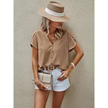 PRETTYGARDEN Chiffon Blouses for Women 2025 Spring Short Sleeve Pearl Office Shirt Dressy Casual Business Tops (Dark Khaki,L)