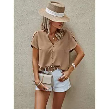 PRETTYGARDEN Chiffon Blouses for Women 2025 Spring Short Sleeve Pearl Office Shirt Dressy Casual Business Tops (Dark Khaki,L)