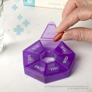 Deke Home - Small Weekly Pill Organizer, Round Pill Dispenser for Travel, Mini Pill Organizer, Compact Medicine Holder, Pill Sorters 7 Days, Portable Vitamin Container (Purple)