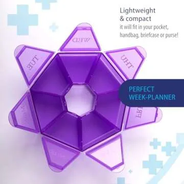Deke Home - Small Weekly Pill Organizer, Round Pill Dispenser for Travel, Mini Pill Organizer, Compact Medicine Holder, Pill Sorters 7 Days, Portable Vitamin Container (Purple)