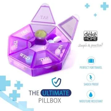Deke Home - Small Weekly Pill Organizer, Round Pill Dispenser for Travel, Mini Pill Organizer, Compact Medicine Holder, Pill Sorters 7 Days, Portable Vitamin Container (Purple)