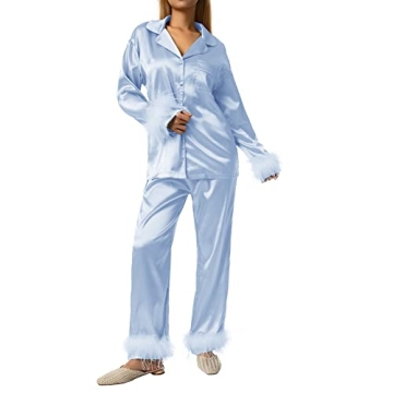 Women Pajamas Set Y2K Button Down Long Sleeve Sleepwear Feather Trim Nightwear Loungewear Pjs (Lake ...