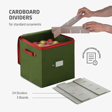 ZOBER Christmas Ornament Storage Box - Stores 64 Ornaments W/Dual Zippers - Non-Woven, Tear- Proof Christmas Ornament Storage Containers - 3 Inch Cube Compartments - Green