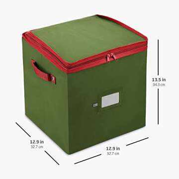 ZOBER Christmas Ornament Storage Box - Stores 64 Ornaments W/Dual Zippers - Non-Woven, Tear- Proof Christmas Ornament Storage Containers - 3 Inch Cube Compartments - Green