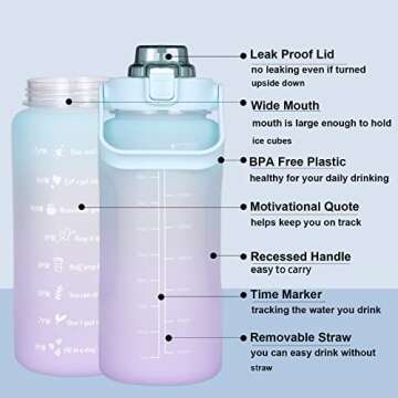 RYI Large Half Gallon 64 OZ Motivational Water Bottle with Straw Time Marker BPA Free for Sport and ...
