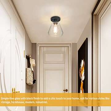 2-Pack Modern Industrial Semi Flush Mount Ceiling Light with Clear Glass Shade, Black Farmhouse Ceiling Light Fixtures for Hallway Bedroom Porch Kitchen Corridor, E26 Socket, Bulbs Not Included