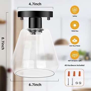 2-Pack Modern Industrial Semi Flush Mount Ceiling Light with Clear Glass Shade, Black Farmhouse Ceiling Light Fixtures for Hallway Bedroom Porch Kitchen Corridor, E26 Socket, Bulbs Not Included