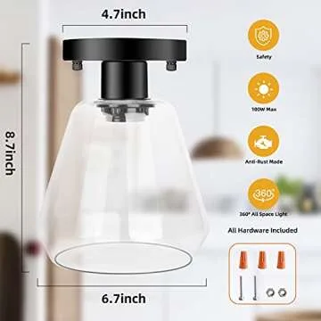 2-Pack Modern Industrial Semi Flush Mount Ceiling Light with Clear Glass Shade, Black Farmhouse Ceiling Light Fixtures for Hallway Bedroom Porch Kitchen Corridor, E26 Socket, Bulbs Not Included