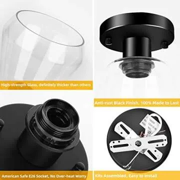 2-Pack Modern Industrial Semi Flush Mount Ceiling Light with Clear Glass Shade, Black Farmhouse Ceiling Light Fixtures for Hallway Bedroom Porch Kitchen Corridor, E26 Socket, Bulbs Not Included