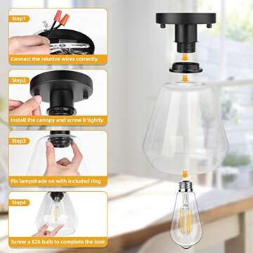 2-Pack Modern Industrial Semi Flush Mount Ceiling Light with Clear Glass Shade, Black Farmhouse Ceiling Light Fixtures for Hallway Bedroom Porch Kitchen Corridor, E26 Socket, Bulbs Not Included