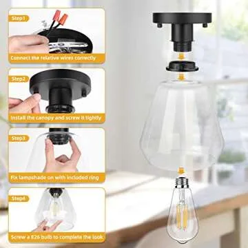 2-Pack Modern Industrial Semi Flush Mount Ceiling Light with Clear Glass Shade, Black Farmhouse Ceiling Light Fixtures for Hallway Bedroom Porch Kitchen Corridor, E26 Socket, Bulbs Not Included