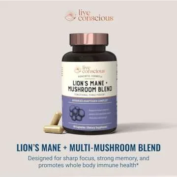 Live Conscious Lions Mane Mushroom Supplement Capsules for Brain Support w/Lion's Mane, Cordyceps, Reishi, and Turkey Tail Mushrooms - Cognitive Memory Supplement for Brain (2-Pack)