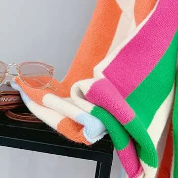 Xaspee Winter Long Sleeve Cable Knitted Color Block Boho Striped Sweater Cardigans Chunky Rainbow Sweater for Women (One Size, Rainbow Orange)