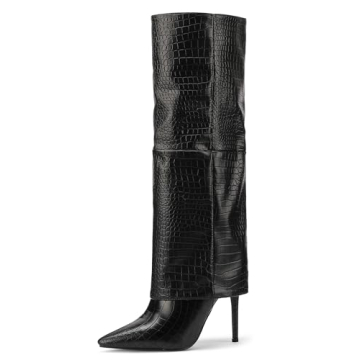CNNOVALY Long Tall Black Crocodile Knee Boots for Women High Heel Fold Over Boots Stiletto Shark Boo...