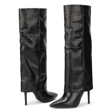 CNNOVALY Tall Black Crocodile Knee Boots for Women
