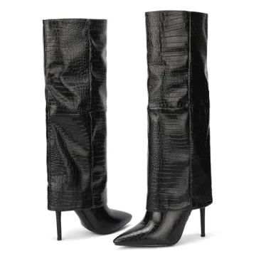 CNNOVALY Tall Black Crocodile Knee Boots for Women