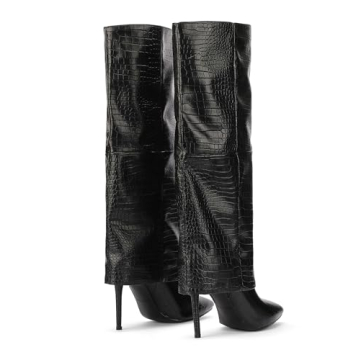 CNNOVALY Tall Black Crocodile Knee Boots for Women