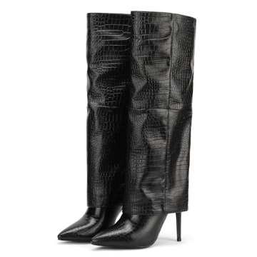 CNNOVALY Tall Black Crocodile Knee Boots for Women