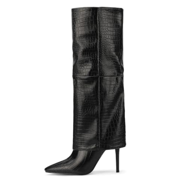 CNNOVALY Tall Black Crocodile Knee Boots for Women