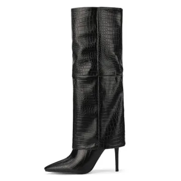 CNNOVALY Tall Black Crocodile Knee Boots for Women