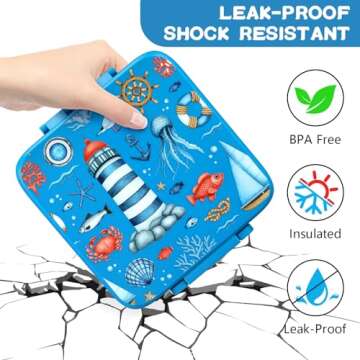 MAISON HUIS Kids Bento Lunch Box Set With 8oz Soup Thermo, Leakproof Lunch Containers with 5 Compartment, Thermo Hot Food Jar and Insulated Lunch Bag, BPA Free,Travel, School -Blue (Ocean)