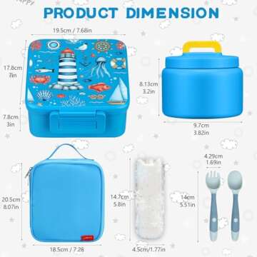 MAISON HUIS Kids Bento Lunch Box Set With 8oz Soup Thermo, Leakproof Lunch Containers with 5 Compartment, Thermo Hot Food Jar and Insulated Lunch Bag, BPA Free,Travel, School -Blue (Ocean)