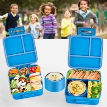 MAISON HUIS Kids Bento Lunch Box Set With 8oz Soup Thermo, Leakproof Lunch Containers with 5 Compartment, Thermo Hot Food Jar and Insulated Lunch Bag, BPA Free,Travel, School -Blue (Ocean)