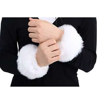 Bhwin Women Faux Fur Wrist Cuffs Warmer Cover And Winter Faux Fur Boot Cuffs Knitting Leg Warmers Set (White)