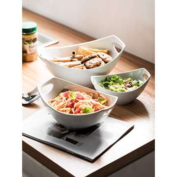 LAUCHUH Serving Bowls with Handles, Porcelain Serving Dishes White Nesting Bowls Mixing Bowl Set Salad Bowls for Entertaining, Party, Housewarming, Christmas, Baby Shower, Set of 3, 15/28/49 oz