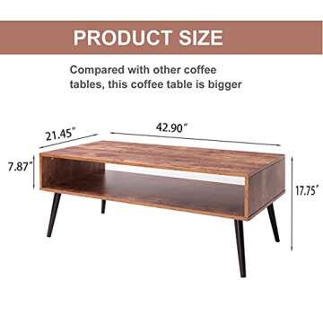 Iwell Coffee Table for Living Room, Boho Coffee Table with Storage Shelf, Living Room Tables Accent Cocktail Table, Rustic Brown
