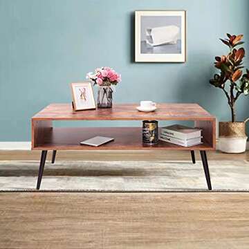 Iwell Coffee Table for Living Room, Boho Coffee Table with Storage Shelf, Living Room Tables Accent Cocktail Table, Rustic Brown