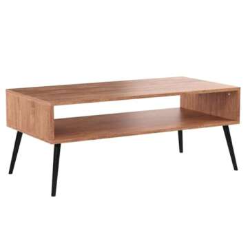 Iwell Coffee Table for Living Room, Boho Coffee Table with Storage Shelf, Living Room Tables Accent Cocktail Table, Rustic Brown