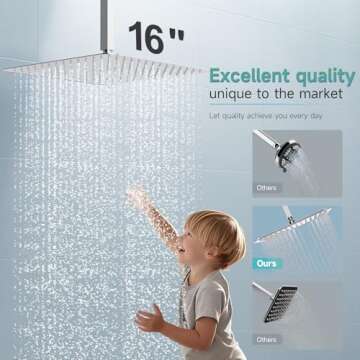 SR SUN RISE Luxury 16 Inch Extra Large Square Stainless Steel Shower Head High Pressure Rainfall Sho...
