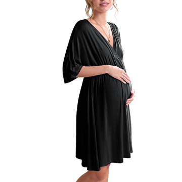 Ekouaer Maternity Dress for Hospital & Nursing, Black, Small