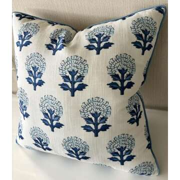YugTex Babur Floral Printed Decorative Square Accent Throw Pillow Cover - Decor for Living Room, Sofa, Chair, Patio, Car, Balcony, Bench, Porch, Nursery, Office, Bedroom - 18x18 Inches, Blue