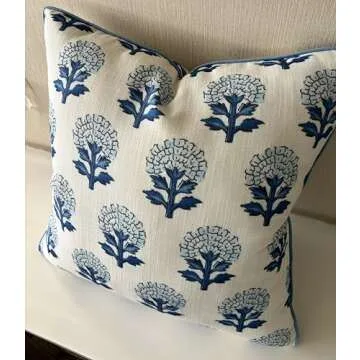 YugTex Babur Floral Printed Decorative Square Accent Throw Pillow Cover - Decor for Living Room, Sofa, Chair, Patio, Car, Balcony, Bench, Porch, Nursery, Office, Bedroom - 18x18 Inches, Blue