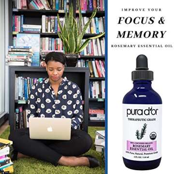 PURA D'OR Organic Rosemary Essential Oil - Therapeutic for Hair, Aromatherapy & Relaxation 4oz