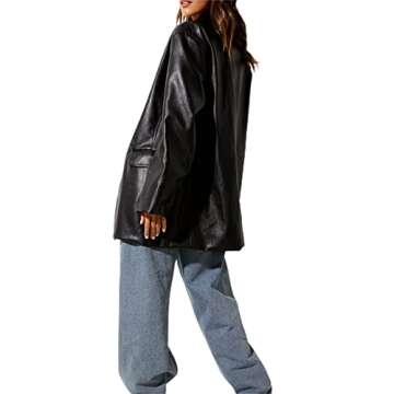 Ynocfri Women Faux Leather Blazer Jackets Button Down Oversized Vintage PU Leather Lapel Jacket Streetwear (Black,Medium)