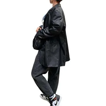 Ynocfri Women Faux Leather Blazer Jackets Button Down Oversized Vintage PU Leather Lapel Jacket Streetwear (Black,Medium)