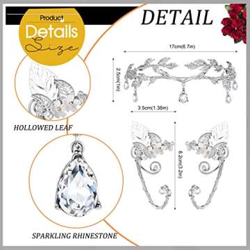 SAILIMUE 3 Pieces Rhinestone Leaf Wedding Tiara Headband Elf Ear Cuffs for Women Fairy Elf Crown Headpiece Earrings Elven Ear Cuffs Fairy Costume Accessories for Cosplay Decoration Pageants Prom