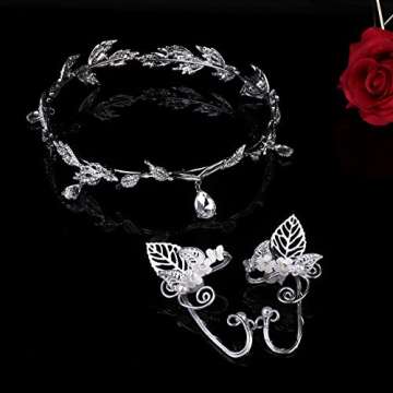 SAILIMUE 3 Pieces Rhinestone Leaf Wedding Tiara Headband Elf Ear Cuffs for Women Fairy Elf Crown Headpiece Earrings Elven Ear Cuffs Fairy Costume Accessories for Cosplay Decoration Pageants Prom