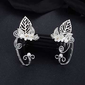 SAILIMUE 3 Pieces Rhinestone Leaf Wedding Tiara Headband Elf Ear Cuffs for Women Fairy Elf Crown Headpiece Earrings Elven Ear Cuffs Fairy Costume Accessories for Cosplay Decoration Pageants Prom