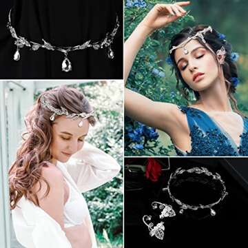 SAILIMUE 3 Pieces Rhinestone Leaf Wedding Tiara Headband Elf Ear Cuffs for Women Fairy Elf Crown Headpiece Earrings Elven Ear Cuffs Fairy Costume Accessories for Cosplay Decoration Pageants Prom