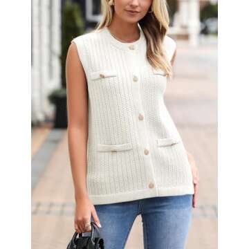 Saodimallsu Womens Sleeveless Sweater Vest Button Up Cable Knit Crew Neck Trendy Casual Loose Summer Cardigan White