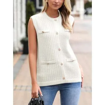 Saodimallsu Womens Sleeveless Sweater Vest Button Up Cable Knit Crew Neck Trendy Casual Loose Summer Cardigan White