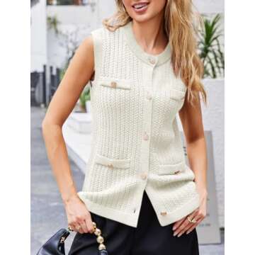 Saodimallsu Womens Sleeveless Sweater Vest Button Up Cable Knit Crew Neck Trendy Casual Loose Summer Cardigan White