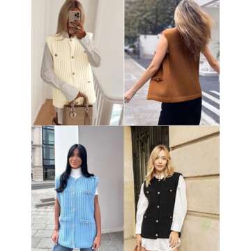 Saodimallsu Womens Sleeveless Sweater Vest Button Up Cable Knit Crew Neck Trendy Casual Loose Summer Cardigan White