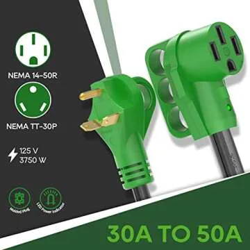 RVGUARD 30 Amp to 50 Amp RV Adapter Cord 12 Inch, NEMA TT-30P to NEMA 14-50R, Dogbone Electrical Converter with LED Power Indicator and Disconnect Handle, Green, ETL Listed